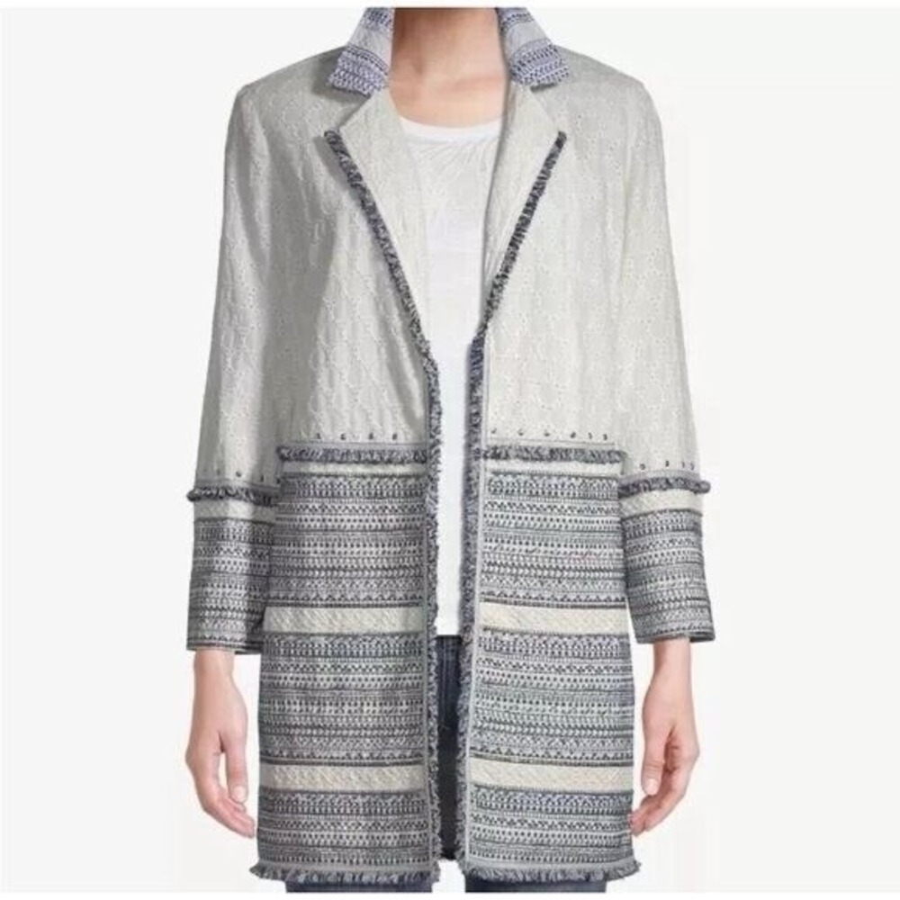 Chicos Eyelet Embroidered Fringe Jacket White Navy Blue Studded Topper Size 3 XL